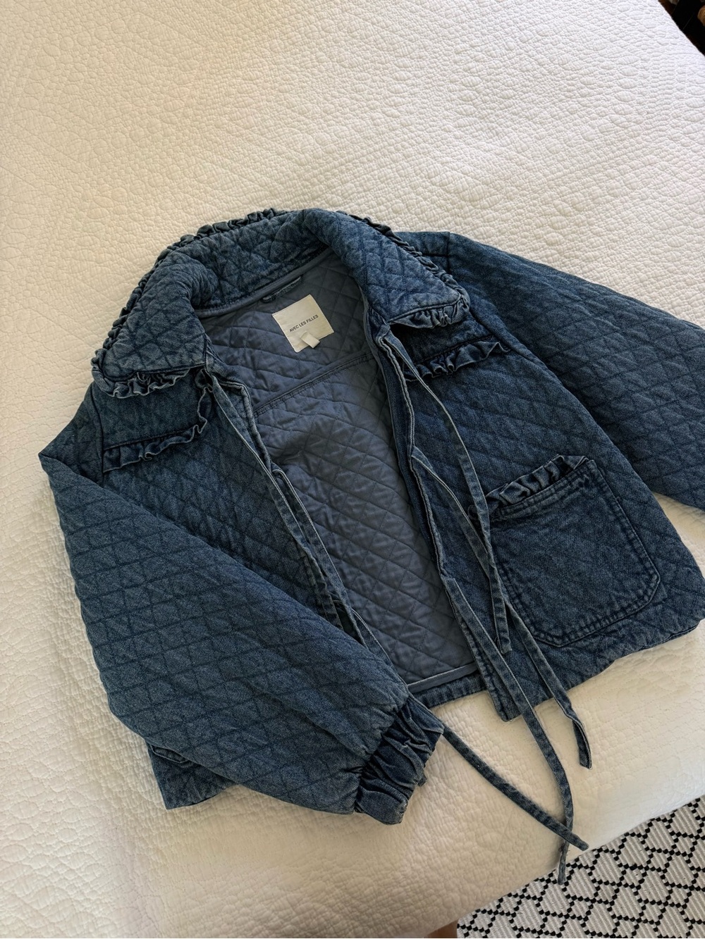 Avec Les Filles Quilted Denim Ruffle Tie-Front Jacket